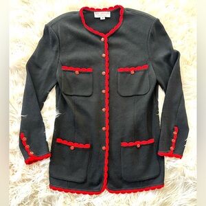 ST John Scalloped Trim Knitted Jacket Womens SZ MD  Black Red Holiday